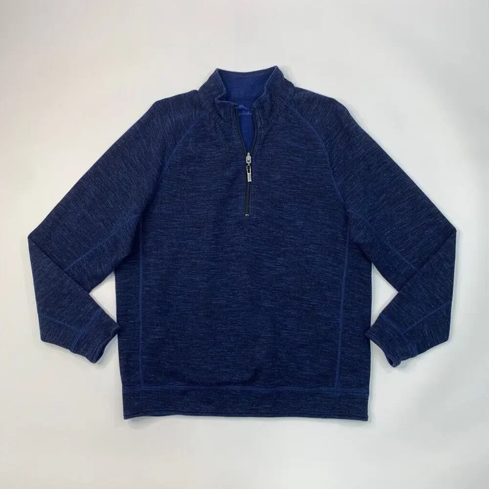 Tommy‎ Bahama Sweater Mens Medium Prussian Blue Slub Tropic Reversible Half Zip